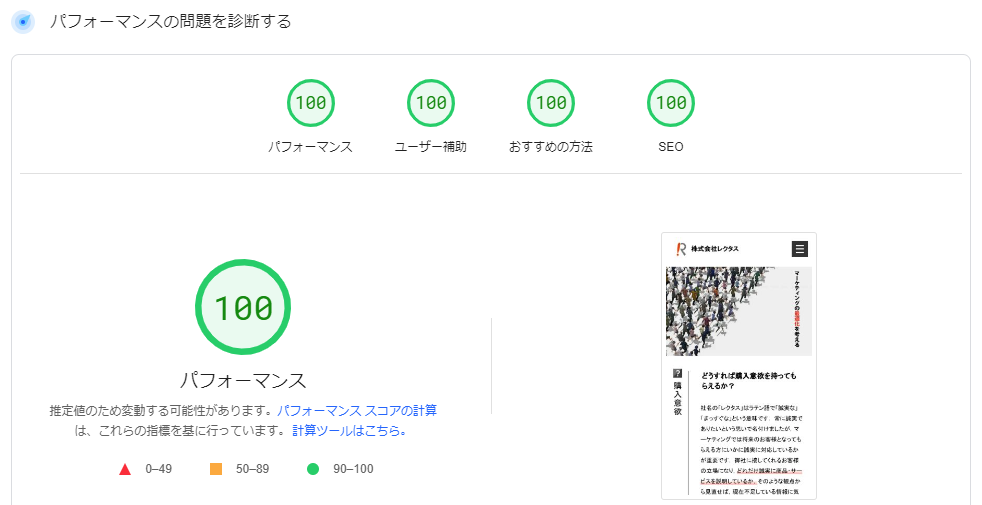 pagespeed insights のスコアが 100 に．