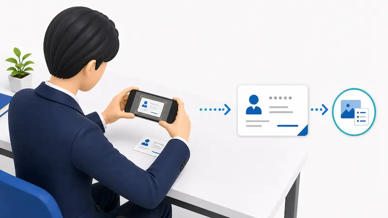 iPhoneのメモアプリで名刺を横向きにスキャンして保存するイメージ