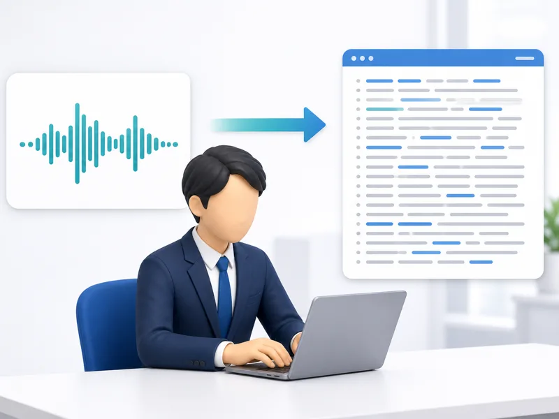 音声の波形から矢印が伸びて画面に文字が並ぶ図
