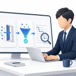 入り口(トラフィック)・出口(CVR)・個々の閲覧者の動きを表す3つのアイコンが並ぶダッシュボードをビジネスパーソンが見ている図