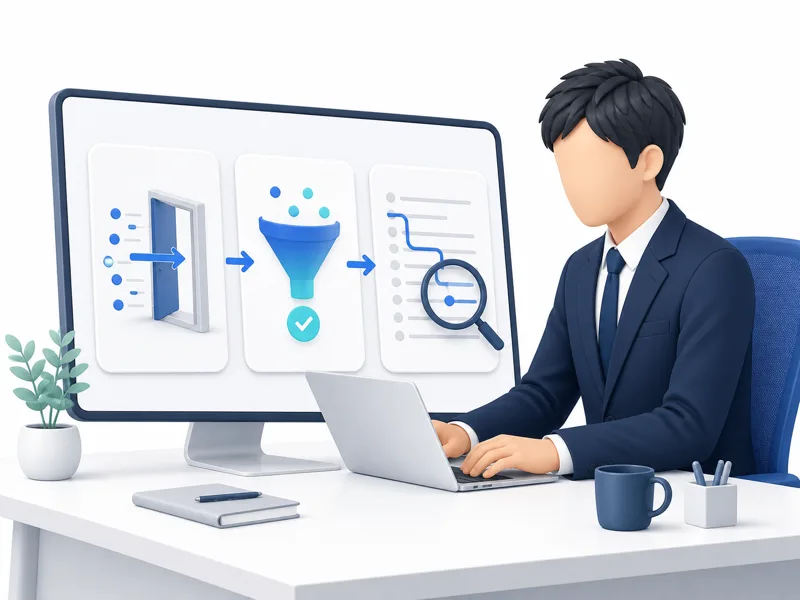 入り口(トラフィック)・出口(CVR)・個々の閲覧者の動きを表す3つのアイコンが並ぶダッシュボードをビジネスパーソンが見ている図