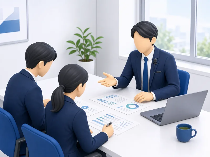 襟にピンマイクを留めて客先の会議室で打ち合わせをしている様子