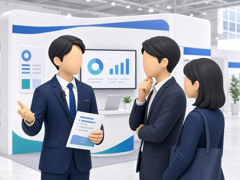 襟にピンマイクを留めて展示会のブースで来場者と話している様子