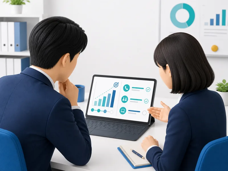 上司と営業担当者がタブレットで目標数字と具体的なアクションを一緒に確認している