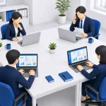 同じ島型の席に四人が座り，二人の画面にだけデータが表示されている様子