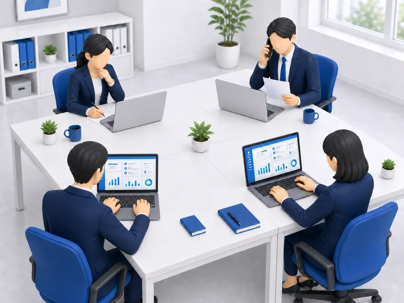 同じ島型の席に四人が座り，二人の画面にだけデータが表示されている様子