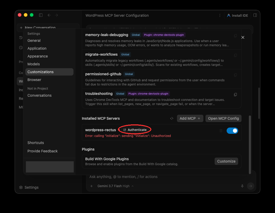 未認証の wordpress-rectus に Unauthorized が表示されている。Authenticate を赤丸で示し、アカウント情報をマスクしている。