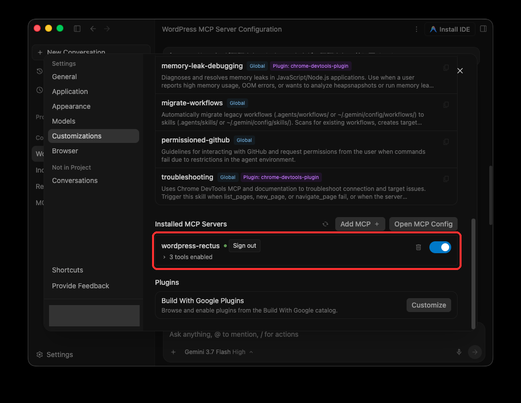 wordpress-rectus の認証後の画面。緑色の状態表示、Sign out、3 tools enabled を赤枠で示し、アカウント情報をマスクしている。