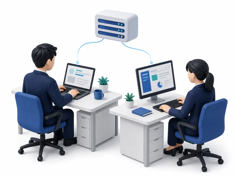 ノートパソコンとデスクトップの2人が同じ MCP サーバーへ接続している図