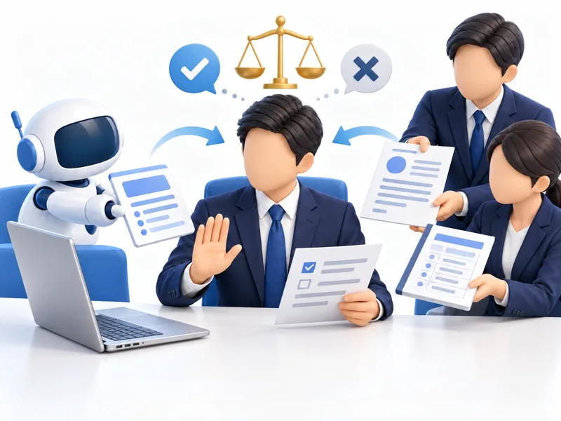 生成AIと外注先から届いた成果物を中央の担当者が確認し，正しいかどうかを判断している様子