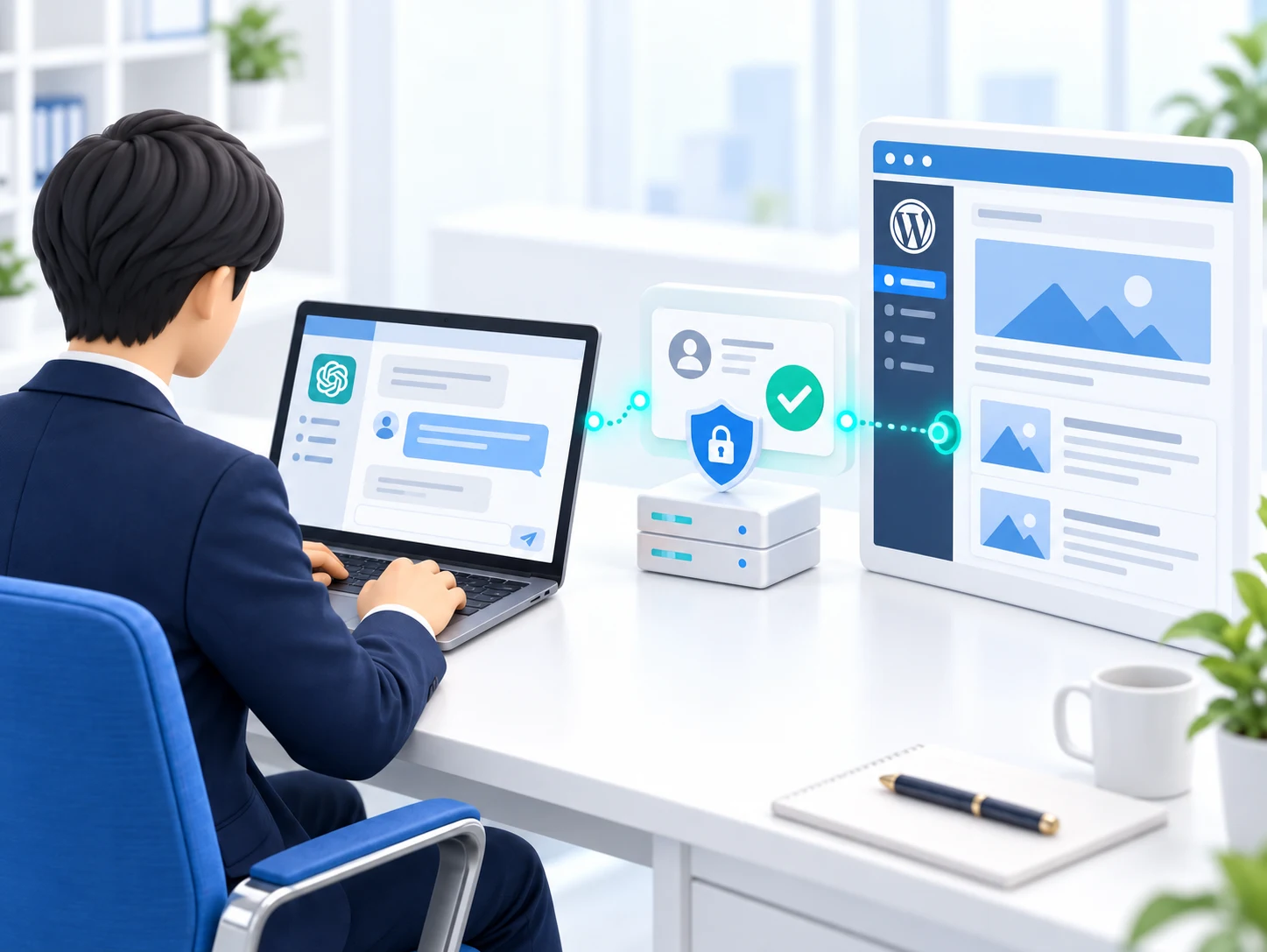 ブラウザのチャットAIとWordPressのWebサイトを承認を介してMCPでつなぐ様子を表したレクタス風イラスト
