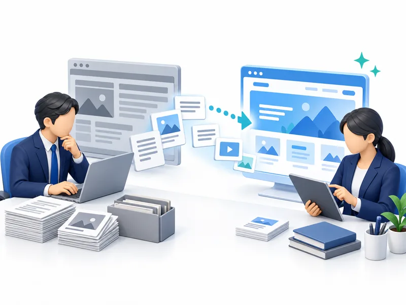 古いWebサイトの文章と画像を新しいサイトへ移すイラスト
